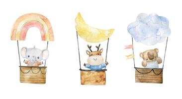 söt barnslig illustration med djur på varm luft ballong, transport. äventyr affisch vektor