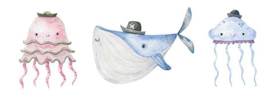 kindisch Aquarell Illustration mit komisch Ozean Fische, unterseeisch Leben vektor