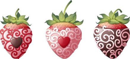 uppsättning av jordgubbar i choklad med dekoration på ett isolerat bakgrund. romantik, valentine s dag, ljuv efterrätt. vektor illustration.