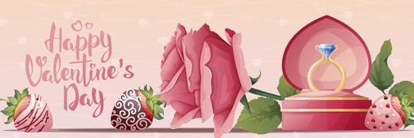 horizontal Banner zum Valentinstag s Tag. romantisch Urlaub, Werbung, Urlaub Grüße. Banner, Poster, Flyer mit Hochzeit Ring, Rose und Schokolade bedeckt Erdbeere vektor