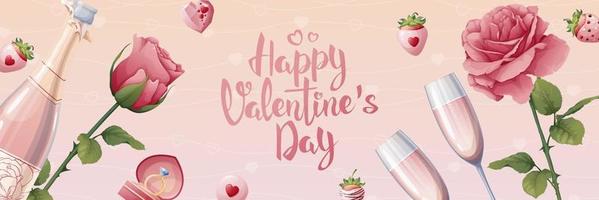 horizontal Banner zum Valentinstag s Tag. romantisch Urlaub, Werbung, Urlaub Grüße. Banner, Poster, Flyer mit Rosen, Sekt, Erdbeeren und Brille. vektor