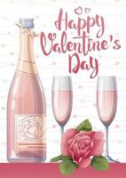 vykort, flygblad mall för valentine s dag. romantisk Semester, en gåva till en älskade ett. baner, affisch med champagne, glasögon och reste sig vektor