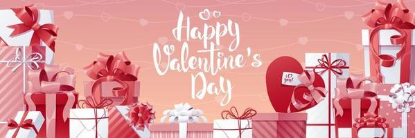 horizontal Banner mit Geschenk Kisten zum Valentinstag s Tag. groß Stapel von Geschenke mit Satin- Verbeugungen. Banner, Poster, Hintergrund zum ein romantisch Urlaub. vektor