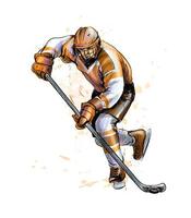 abstrakter Hockeyspieler vom Spritzen der Aquarelle. handgezeichnete Skizze. Wintersport. Vektorillustration von Farben vektor