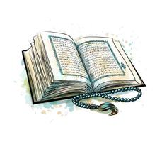 heiliges Koranbuch mit Rosenkranz aus Aquarell. muslimischer Feiertag, eid mubarak, eid al-fitr, ramadan kareem. handgezeichnete Skizze. Vektorillustration von Farben vektor
