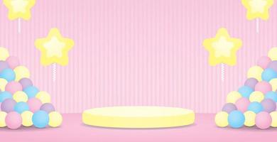 söt söt gul podium visa stå med färgrik bollar och flygande stjärna ballonger på ljuv pastell rosa vägg och golv bakgrund 3d illustration vektor för sätta objekt eller produkt