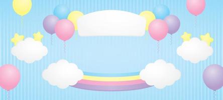 ljuv pastell färgrik regnbåge bro för sätta objekt med söt vit skylt och söt moln och ballonger på blå bakgrund illustration vektor