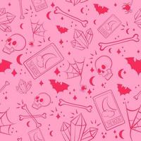 Rosa Okkulte nahtlos Muster mit Schädel, Knochen, Fledermäuse, Edelsteine und Tarot Karten. Pastell- Goth Hintergrund mit Wicca und spirituell Elemente. vektor