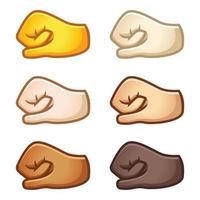 annorlunda humör emoji. emotionell näve stöta stansa emoji hand uppsättning av olika hud toner söt tecknad serie stiliserade vektor tecknad serie illustration ikoner. isolerat på vit bakgrund.