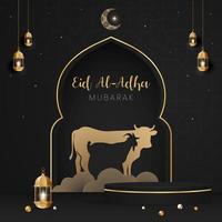 Lycklig eid al Adha mubarak firande baner med ko och get papper skära effekt på natt Färg bakgrund vektor