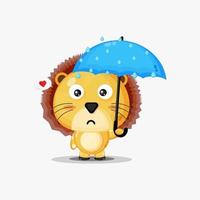 söt lejon som bär ett paraply i regnet vektor
