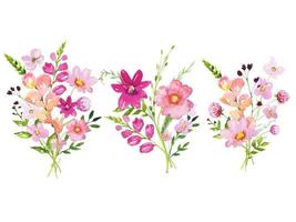 uppsättning av buketter med äng rosa blommor och löv. vattenfärg blommig illustration vektor