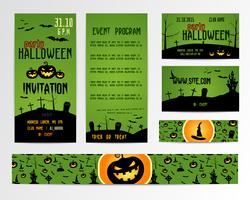 Satz glückliche Halloween-Gruß-Karten, Flieger, Fahne. Vektor-Illustration. Party Einladungsdesign mit Emblem. Typografische Vorlage. Halloween-Label Cover Design. Horror Nacht. vektor