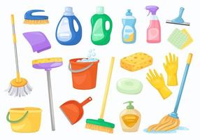 rengöring verktyg. servett, hink, kvast, handskar, mopp, rengöringsmedel eller desinfektionsmedel flaskor. hushåll rengöring Produkter och Utrustning vektor uppsättning