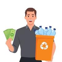 man innehav återvinning sopor kan och innehav pengar. omvänd försäljning maskin återvinning och pris pengar från sopor burkar flaska plast glas försäljning vektor