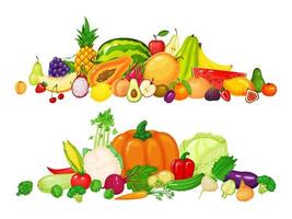 frukt och vegetabiliska högar. äpple, kiwi, körsbär, äpple, peppar, tomat, pumpa, morot, kål. färsk organisk frukt och grönsaker vektor uppsättning