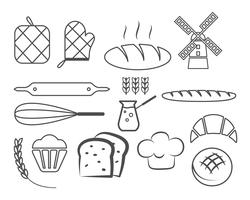 Satz der Bäckereilinie Ikonen und Gestaltungselemente, Symbole. Frisches Brot, Kuchen Logo-Vorlagen. Monochrome Vintage-Stil. Cupcake-Emblem Vektor
