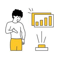 Präsentation von online Analytik, Geschäft Erfolge, Diagramme und Prognosen. Geschäftsmann präsentieren etwas Daten auf Markt Forschung. dünn Linie Vektor Illustration isoliert auf Weiß Hintergrund.