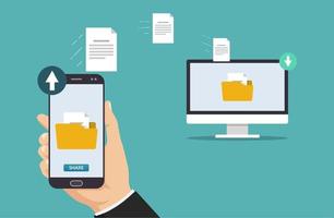 filöverföringskoncept. hand som håller smartphonen som överför mapp och filer till datorvektorillustrationen. vektor