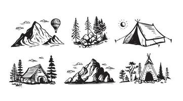 Camping Satz, Berg Landschaft, Hand gezeichnet Stil, Vektor Illustration.