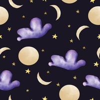 Aquarell nahtlos Muster mit lila Wolken und das Mond und das Sterne auf ein schwarz Hintergrund vektor