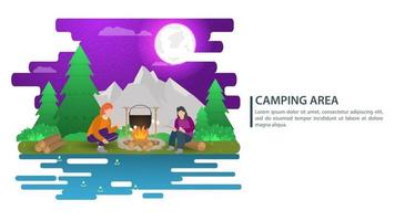 nattlandskap illustration i platt stil tecknade människor sitter runt en eld och laga mat berg skog bakgrund för sommarläger natur turism camping eller vandring konceptdesign vektor