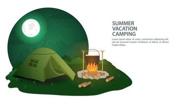 Banner für die Gestaltung des Sommercampings im Naturtouristenzelt steht nachts in der Nähe des Feuers, wo Essen flache Vektorillustration zubereitet wird vektor