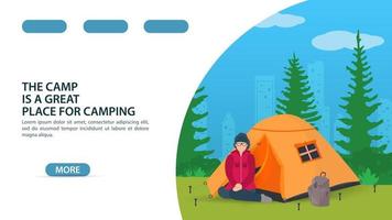 sida för design av en webbplats eller mobilapp sommarcamping tema flicka sitter på knä framför en turist tält vektor platt illustration