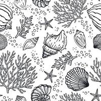 nahtloses Muster mit Muscheln, Korallen und Seesternen. Meereshintergrund. Perfekt für Grüße, Einladungen, Herstellung von Geschenkpapier, Textil- und Webdesign. vektor
