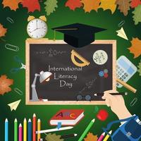 Schul-Themendesign für den internationalen Tag der Alphabetisierung, zurück in die Schule, flacher Stil vektor
