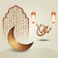 islamischer Ramadan-Kareem-Kalligraphiedesign mit luxuriösem Halbmond, islamischer Laterne und Moscheemuster auf islamischem Hintergrund. vektor