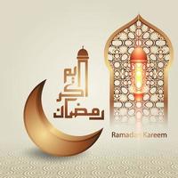 islamischer Ramadan-Kareem-Kalligraphiedesign mit luxuriösem Halbmond, islamischer Laterne und Moscheemuster auf islamischem Hintergrund. vektor