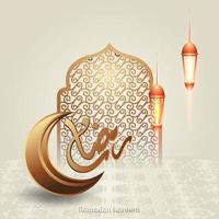 islamischer Ramadan-Kareem-Kalligraphiedesign mit luxuriösem Halbmond, islamischer Laterne und Moscheemuster auf islamischem Hintergrund. vektor