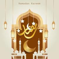 Arabische Kalligraphie des Ramadan Kareem mit Moscheensilhouette, Halbmond und islamischen Laternen. Ramadan Kareem ist ein Monat des Fastens für Muslime. vektor