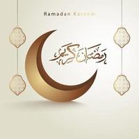 Arabischer Kalligraphiedesign des Ramadan kareem mit einem Halbmond und islamischen Mustern und Laternen, die für Grußkarten und Fahnen geeignet sind. vektor