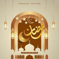 Arabischer Kalligraphiedesign des Ramadan kareem mit einem Halbmond und islamischen Mustern und Laternen, die für Grußkarten und Fahnen geeignet sind. vektor