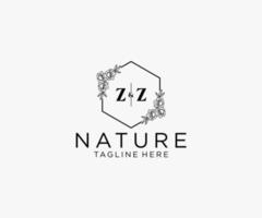 första zz brev botanisk feminin logotyp mall blommig, redigerbar förhandsgjord monoline logotyp lämplig, lyx feminin bröllop varumärke, företags. vektor