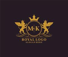 första mk brev lejon kunglig lyx heraldisk, vapen logotyp mall i vektor konst för restaurang, kungligheter, boutique, Kafé, hotell, heraldisk, Smycken, mode och Övrig vektor illustration.