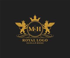 första mh brev lejon kunglig lyx heraldisk, vapen logotyp mall i vektor konst för restaurang, kungligheter, boutique, Kafé, hotell, heraldisk, Smycken, mode och Övrig vektor illustration.