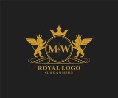 första mw brev lejon kunglig lyx heraldisk, vapen logotyp mall i vektor konst för restaurang, kungligheter, boutique, Kafé, hotell, heraldisk, Smycken, mode och Övrig vektor illustration.