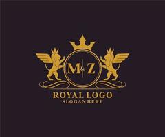 första mz brev lejon kunglig lyx heraldisk, vapen logotyp mall i vektor konst för restaurang, kungligheter, boutique, Kafé, hotell, heraldisk, Smycken, mode och Övrig vektor illustration.