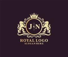 första jn brev lejon kunglig lyx logotyp mall i vektor konst för restaurang, kungligheter, boutique, Kafé, hotell, heraldisk, Smycken, mode och Övrig vektor illustration.