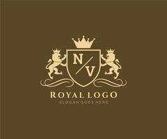 första nv brev lejon kunglig lyx heraldisk, vapen logotyp mall i vektor konst för restaurang, kungligheter, boutique, Kafé, hotell, heraldisk, Smycken, mode och Övrig vektor illustration.