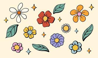 Hand gezeichnet Blumen Satz. 70er Jahre retro Stil Farben. einfach minimal Hippie Blumen- Design Elemente. Vektor Illustration.