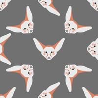 süßes Gesicht von Fennec Fuchs auf einem grauen Hintergrund. Vektor nahtloses Muster in einem flachen Stil. Tapete, drucken