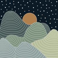 Welle Linie Kunst Landschaft Hintergrund. abstrakt Berge Banner Design Muster. Nacht Himmel mit Sterne und Mond. vektor