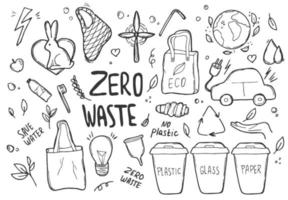 schwarz und Weiß Gekritzel Elemente von Null Abfall Leben. Öko-Stil handgemalt Vektor Illustration. Nein Plastik. gehen grün. gut zum Poster, Banner, Netz Design, Bücher, Flyer oder Karten.