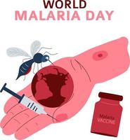 Welt Malaria Tag Moskito beißen Hand mit Injektion und Impfstoff vektor