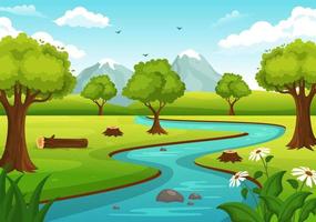 flod landskap illustration med se berg, grön fält, träd och skog omgivande de floder i platt tecknad serie hand dragen mallar vektor