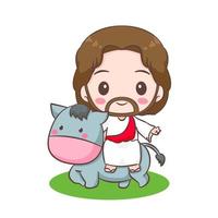 süß Jesus Christus Karikatur Charakter Reiten Esel. Christian Religion Konzept Design. Hand gezeichnet Chibi Charakter Clip Kunst Aufkleber isoliert Weiß Hintergrund. Vektor Kunst Illustration